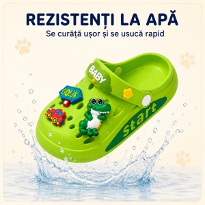 Saboți Copii Tip Crocs din Spumă cu Dino Baby 3D și Accesorii Decorative, Baretă Reglabilă, Talpă Antiderapantă, Verde - Img 5