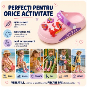 Saboți Copii Tip Crocs din Spumă cu Dino Baby 3D și Accesorii Decorative, Baretă Reglabilă, Talpă Antiderapantă, Roz - Img 8