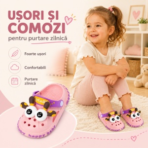 Saboți Copii Tip Crocs din Spumă cu Girafă 3D, Baretă Reglabilă, Talpă Antiderapantă, Roz - Img 7