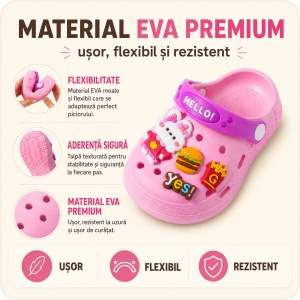 Saboți Copii Tip Crocs din Spumă cu Iepuraș 3D și Accesorii Decorative, Baretă Reglabilă, Talpă Antiderapantă, Roz - Img 4