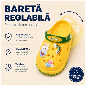 Saboți Copii Tip Crocs din Spumă cu Iepuraș 3D și Curcubeu Decorativ, Baretă Reglabilă, Talpă Antiderapantă, Galben - Img 3