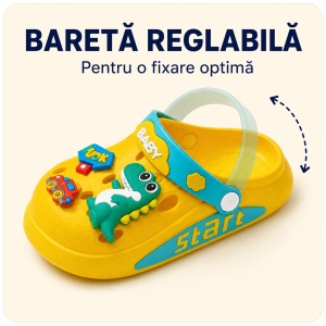 Saboți Copii Tip Crocs din Spumă EVA cu Dino Baby 3D și Accesorii Decorative, Baretă Reglabilă, Talpă Antiderapantă, Galben - Img 3