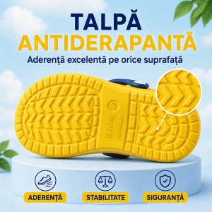 Saboți Copii Tip Crocs din Spumă EVA cu Dinozaur 3D Albastru, Baretă Reglabilă, Talpă Antiderapantă, Galben - Img 8