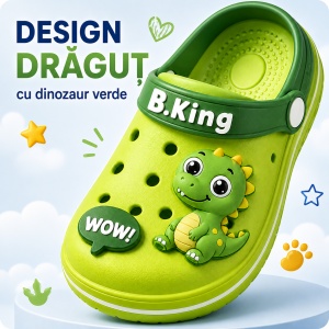 Saboți Copii Tip Crocs din Spumă EVA cu Dinozaur 3D Verde, Baretă Reglabilă, Talpă Antiderapantă, Verde - Img 6