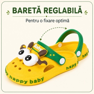 Saboți Copii Tip Crocs din Spumă EVA cu Girafă 3D, Baretă Reglabilă, Talpă Antiderapantă, Galben - Img 6