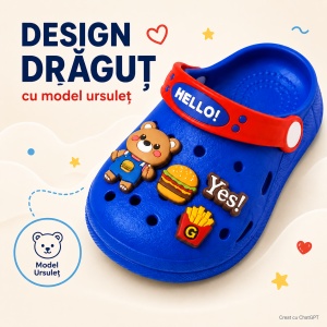 Saboți Copii Tip Crocs din Spumă EVA cu Ursuleț 3D și Accesorii Decorative, Baretă Reglabilă, Talpă Antiderapantă, Albastru - Img 8