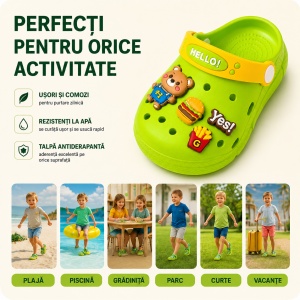 Saboți Copii Tip Crocs din Spumă EVA cu Ursuleț 3D și Accesorii Decorative, Baretă Reglabilă, Talpă Antiderapantă, Verde - Img 9