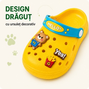 Saboți Copii Tip Crocs din Spumă EVA cu Ursuleț 3D și Accesorii Decorative, Baretă Reglabilă, Talpă Antiderapantă, Galben - Img 7