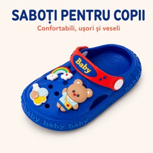 Saboți Copii Tip Crocs din Spumă EVA cu Ursuleț 3D și Curcubeu Decorativ, Baretă Reglabilă, Talpă Antiderapantă, Albastru - Img 2