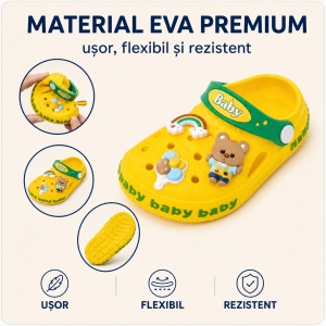Saboți Copii Tip Crocs din Spumă EVA cu Ursuleț 3D și Curcubeu Decorativ, Baretă Reglabilă, Talpă Antiderapantă, Galben - Img 4