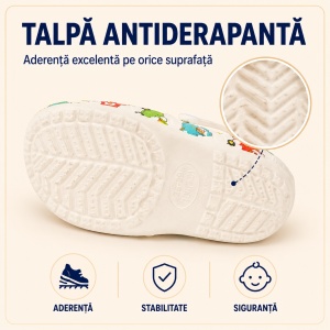 Saboți Copii Tip Crocs din Spumă, Model Decupat cu Mașinuțe Colorate, Baretă Reglabilă, Alb - Img 5
