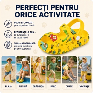 Saboți Copii Tip Crocs din Spumă, Model Decupat cu Mașinuțe Colorate, Baretă Reglabilă, Galben - Img 8