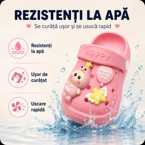 Saboți Copii Tip Crocs ,Spuma cu Personaj 3D, Balon și Stea Decorativa, Baretă Reglabilă, Talpă Antiderapantă, Roz - Img 7
