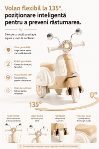 Scooter Crem pentru Copii cu 3 Roți, Far LED, Direcție 135° și Compartiment Depozitare – Ride-On pentru Copii 1-6 Ani - Img 5