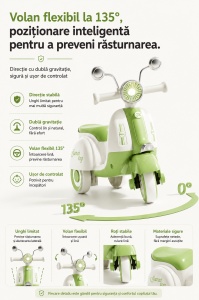 Scooter Verde pentru Copii cu 3 Roți, Far LED, Direcție 135° și Compartiment Depozitare – Ride-On pentru Copii 1-6 Ani - Img 5