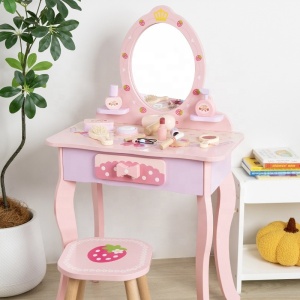 Set Masă de Toaletă Prințesă pentru Fetițe: Mobilier din Lemn cu Oglindă, Scăunel și Sertar de Depozitare, 3ani+