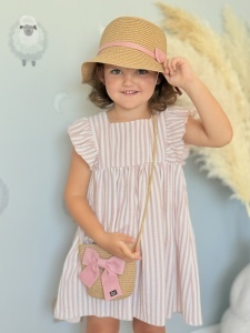 Set Palarie Si Gentuta Pentru Fetite, din Paie, 54 cm, Nude cu Funda Roz