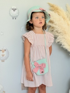 Set Palarie Si Gentuta Pentru Fetite, din Paie, 54 cm, Roz cu Funda Bleumarin - Img 2