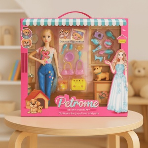 Set Papusa si Catel, 16 Accesorii, 30 cm , 3 ani+