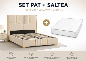 SET Pat Tapitat Catifea, Somiera Inclusa, Bej 160 x 200 cm+ Saltea Lux Ortopedica, Arcuri Bonnell si Spuma Poliuretanica 160 x 200 cm