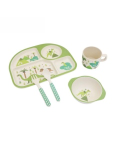 Set Pentru Diversificare Copii, Fibra Bambus, Dino, 5 Piese, Verde Deschis