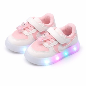 Sneakers Sport Copii Roz-Alb cu LED, Talpă Flexibilă și Accesoriu Ursuleț - Img 3