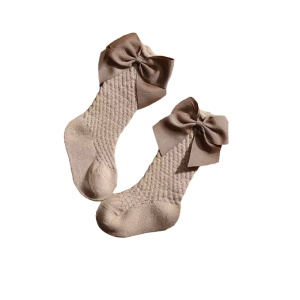 Sosete Lungi pentru Fete, cu Fundite din Saten, Bumbac, Crem, Marime 25