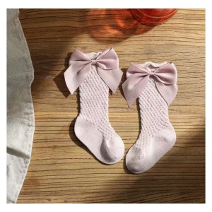 Sosete Lungi pentru Fete, cu Fundite din Saten, Bumbac, Roz Pudrat, Marime 25 - Img 2