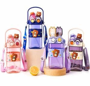 Sticla de Apa 2 in 1, cu Pai, Bareta si Maner, Peach, Plastic, 450 ml - Img 2