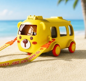 Sticla pentru Apa cu Pai, model Autobuz Ursulet, Plastic, Galben, 500 ml