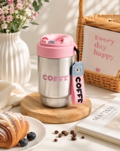 Termos pentru Adulti, model Coffee, cu Pai, Argintiu, 500 ml