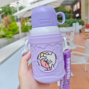 Termos pentru Copii cu Pai, Capac Transformabil in Cana, Mov, 500 ml