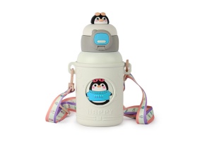 Termos pentru Copii, cu Pai si Bareta, Alb, Model Pinguin, 500 ml