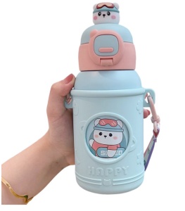 Termos pentru Copii, cu Pai si Bareta, Bleu, Model Ursulet, 500 ml