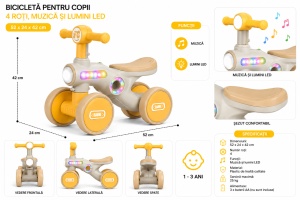 Tricicletă de Echilibru Crem – Galben pentru Copii, 4 Roți, Muzică și Lumini LED, 1-3 Ani - Img 2