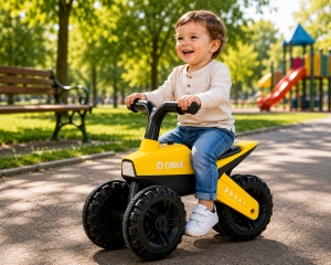 Tricicletă fără Pedale pentru Copii Tip ATV, cu Ghidon, Șezut și 3 Roți Late, Galben-Negru,12 luni + - Img 2