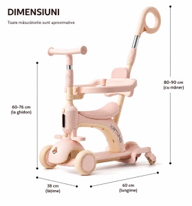 Trotinetă 3 în 1 pentru Copii 1-12 Ani cu Ghidon Reglabil, Ride-On și Bicicletă de Echilibru, Alb-Roz - Img 4