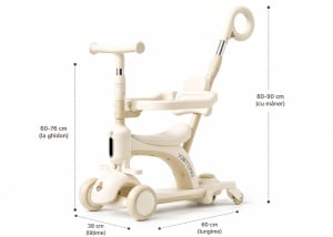 Trotinetă 3 în 1 pentru Copii 1-12 Ani cu Ghidon Reglabil, Ride-On și Bicicletă de Echilibru, Alb-Crem - Img 5