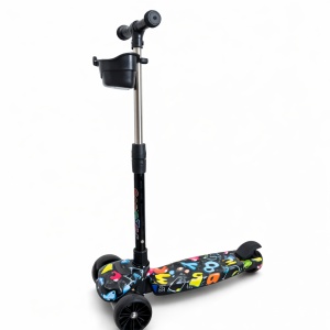 Trotineta Pliabila pentru Copii, 3 Roti, Negru cu print Multicolor, Cosulet, 2 ani+ - Img 4