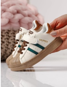 Adidași Copii Tip Superstar, cu Scai și Șireturi, Talpă Antiderapantă, Model Casual Sport, Alb cu Verde si Maro - Img 2