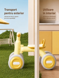 Bicicletă de Echilibru pentru Copii cu Lumini și Muzică, 4 Roți, Galben, 1-4 Ani - Img 6