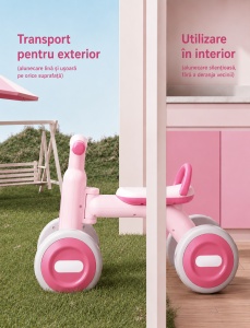 Bicicletă de Echilibru pentru Copii cu Lumini și Muzică, 4 Roți, Roz, 1-4 Ani - Img 6