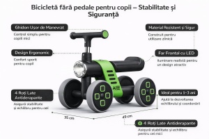 Bicicletă Fără Pedale pentru Copii, 4 Roți, cu Far LED și Design Ergonomic, Ride-On pentru Bebeluși 1-3 Ani, Verde-Negru - Img 4