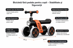 Bicicletă Fără Pedale pentru Copii, 4 Roți, cu Far LED și Design Ergonomic, Ride-On pentru Bebeluși 1-3 Ani, Portocaliu-Negru - Img 2