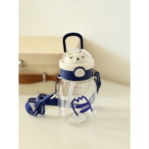 Cana cu Pai pentru Copii, cu Buton, Antiscurgere, Gradata, cu Bareta, Urs Albastru, 550 ml