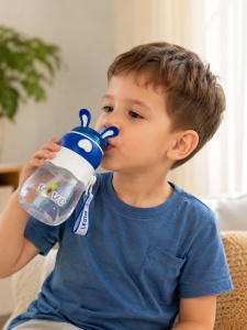 Cana cu pai pentru copii, Plastic, Model cu Urechi si Bareta, Plastic, Bleu, 350 ml - Img 4