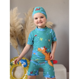 Costum de Baie Copii Intreg Dino Turquoise Doua Piese