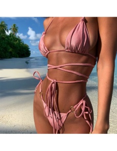 Costum de Baie, Doua Piese, cu Snur Lung, Nude - Img 2