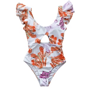 Costum de Baie, Intreg, cu Volane, Imprimeu Floral