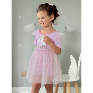 Costum de Baie Intreg pentru Copii, Model Salopeta cu Fustita din Tull, Purple Unicorn, 49 cm